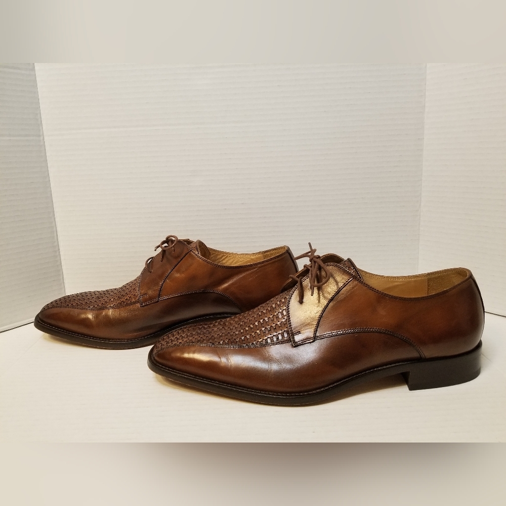 Paul Fredrick Mens Italian Leather Woven Oxford/Derby - Picture 2 of 8